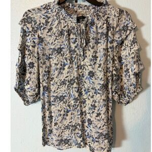 Zac & Rachel Floral Smocked Mock Neck Ruffle Sleeve Blouse Blue Grey M Romantic